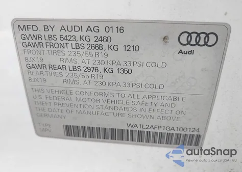 2016 Audi Q5 2.0T Premium z USA, uszkodzony, nr VIN WA1L2AFP1GA100124